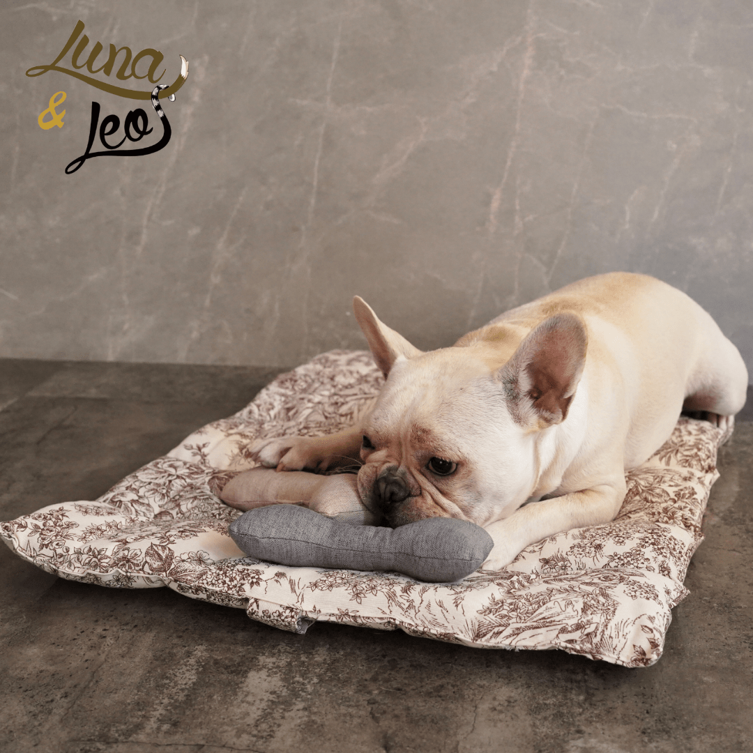 犬用 ロールアップマット Leo & Luna トワルドジュイコレクション|犬用マット|トワルドジュイコレクションのペット用ロールアップマットでリラックスするフレンチブルドッグ