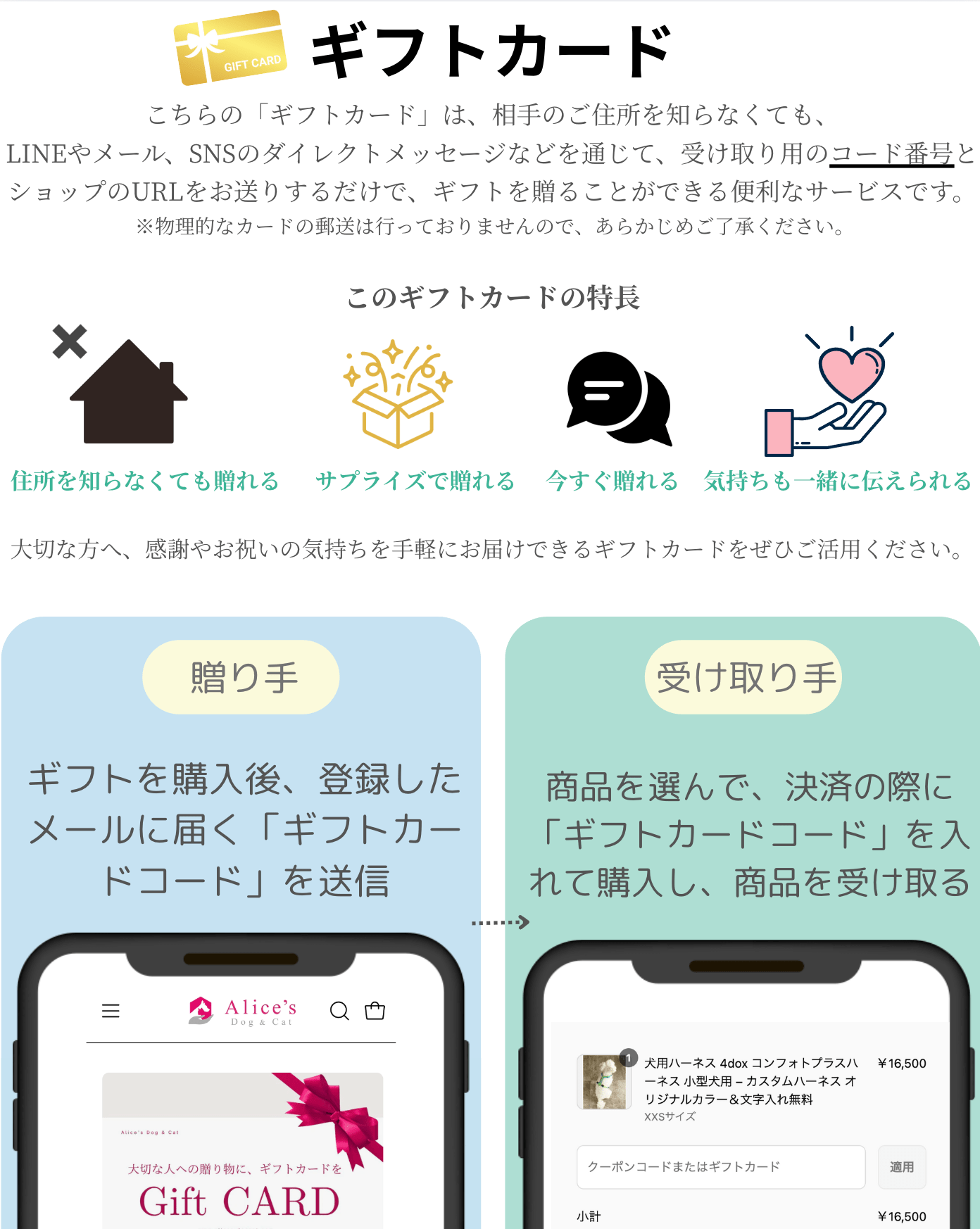 犬猫がいる家への喜ばれる贈り物 - Alice's Dog & Cat ギフトカード｜ペット・ペット用品｜犬猫がいる家への喜ばれる贈り物 - Alice's Dog & Cat ギフトカード