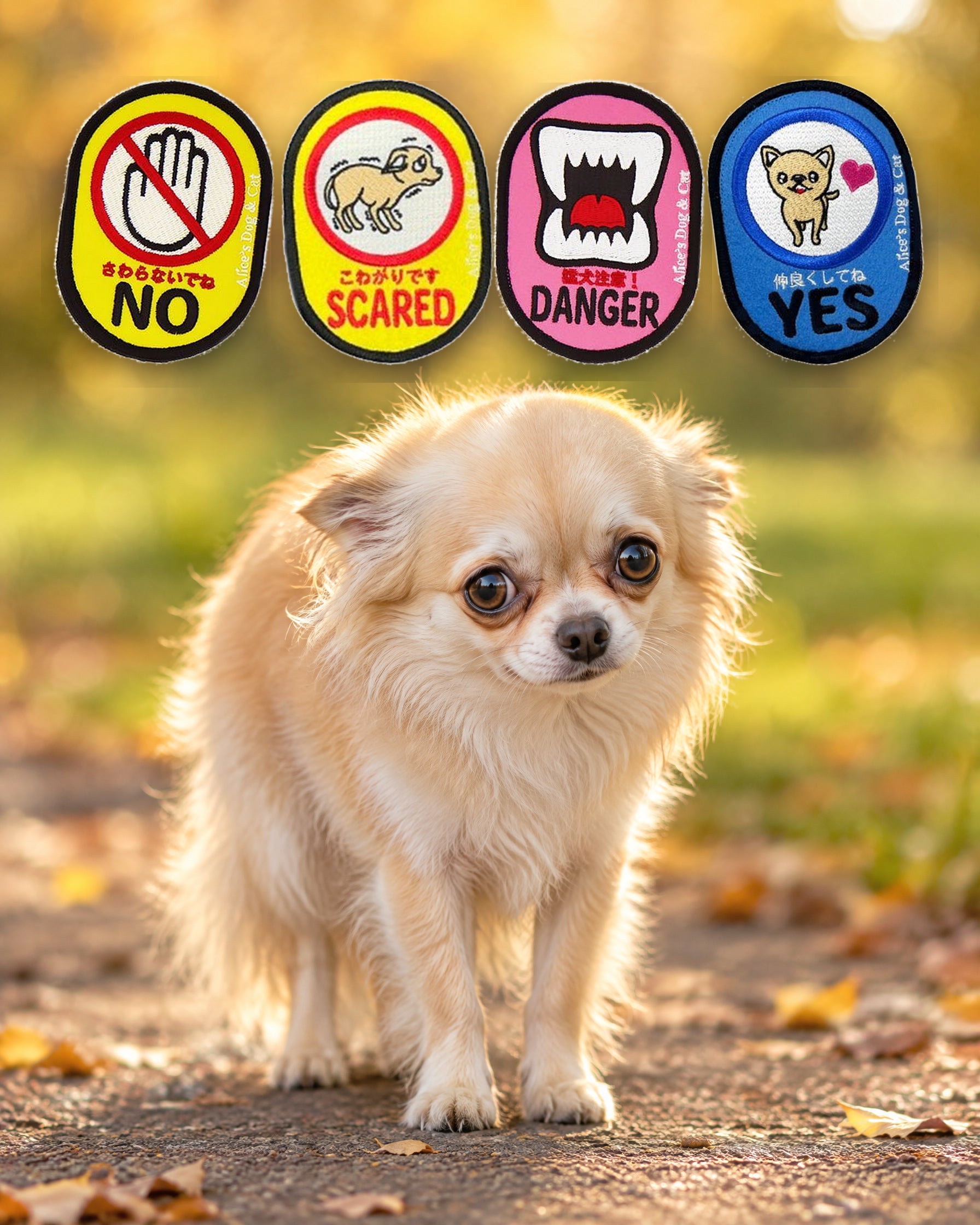 犬のお散歩メッセージワッペン 2枚入り｜NO・SCARED・DANGER・YES