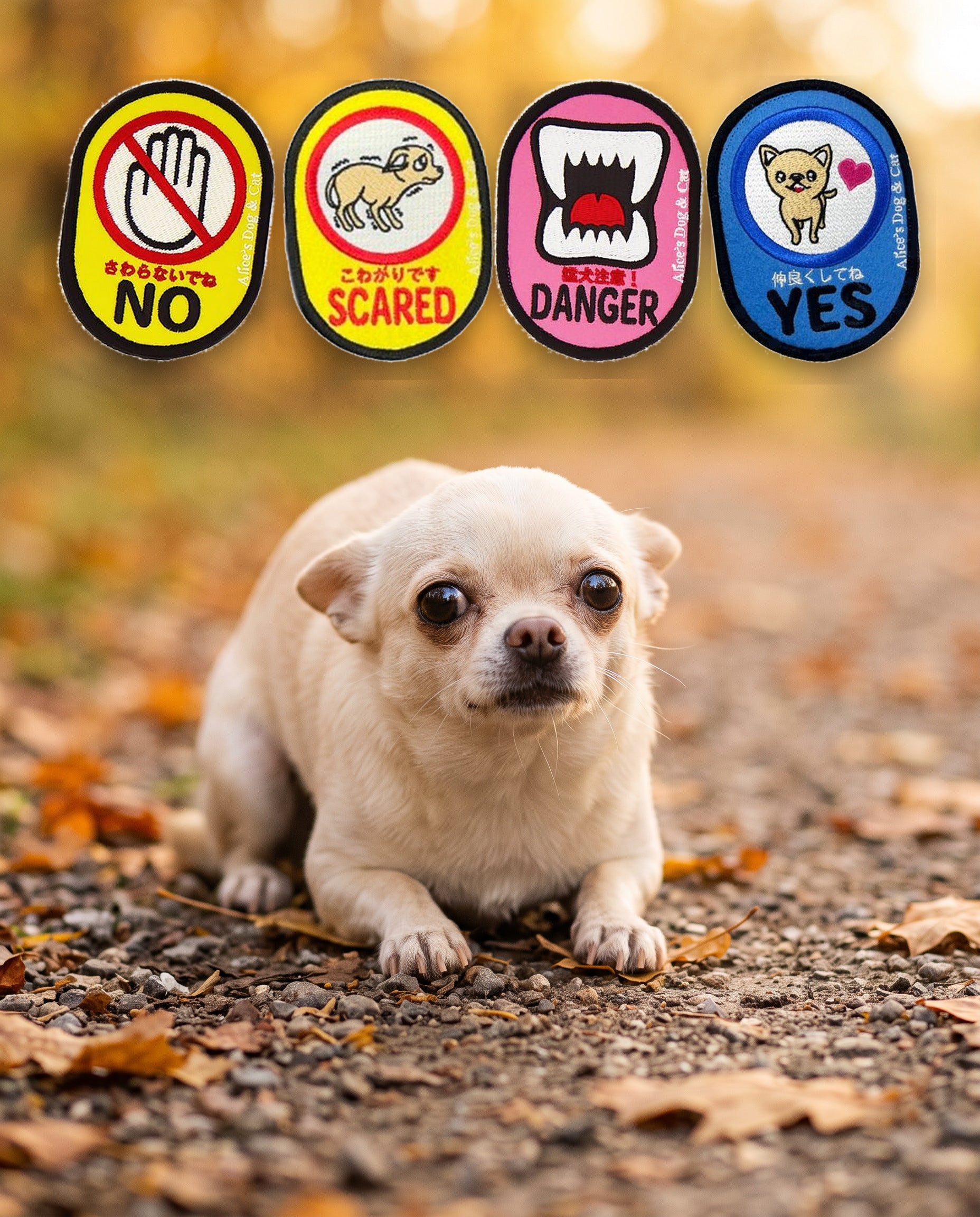 犬のお散歩メッセージワッペン 2枚入り｜NO・SCARED・DANGER・YES