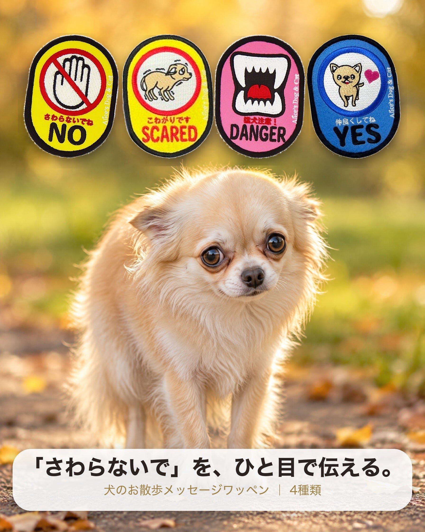 犬のお散歩メッセージワッペン 4種類（NO・SCARED・DANGER・YES）と怖がりのチワワ ｜ 「さわらないで」をひと目で伝える